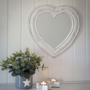 White Heart Mirror - Hand Carved Decorative White Wooden Mirror