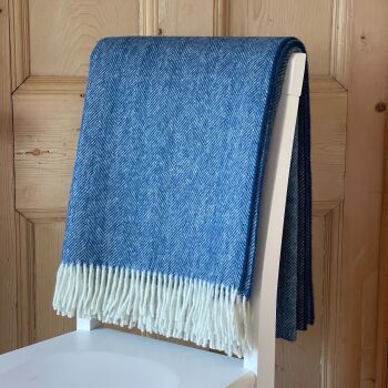 Herringbone Lambswool Peacock Blue & Cream Pure New Wool Throw Blanket