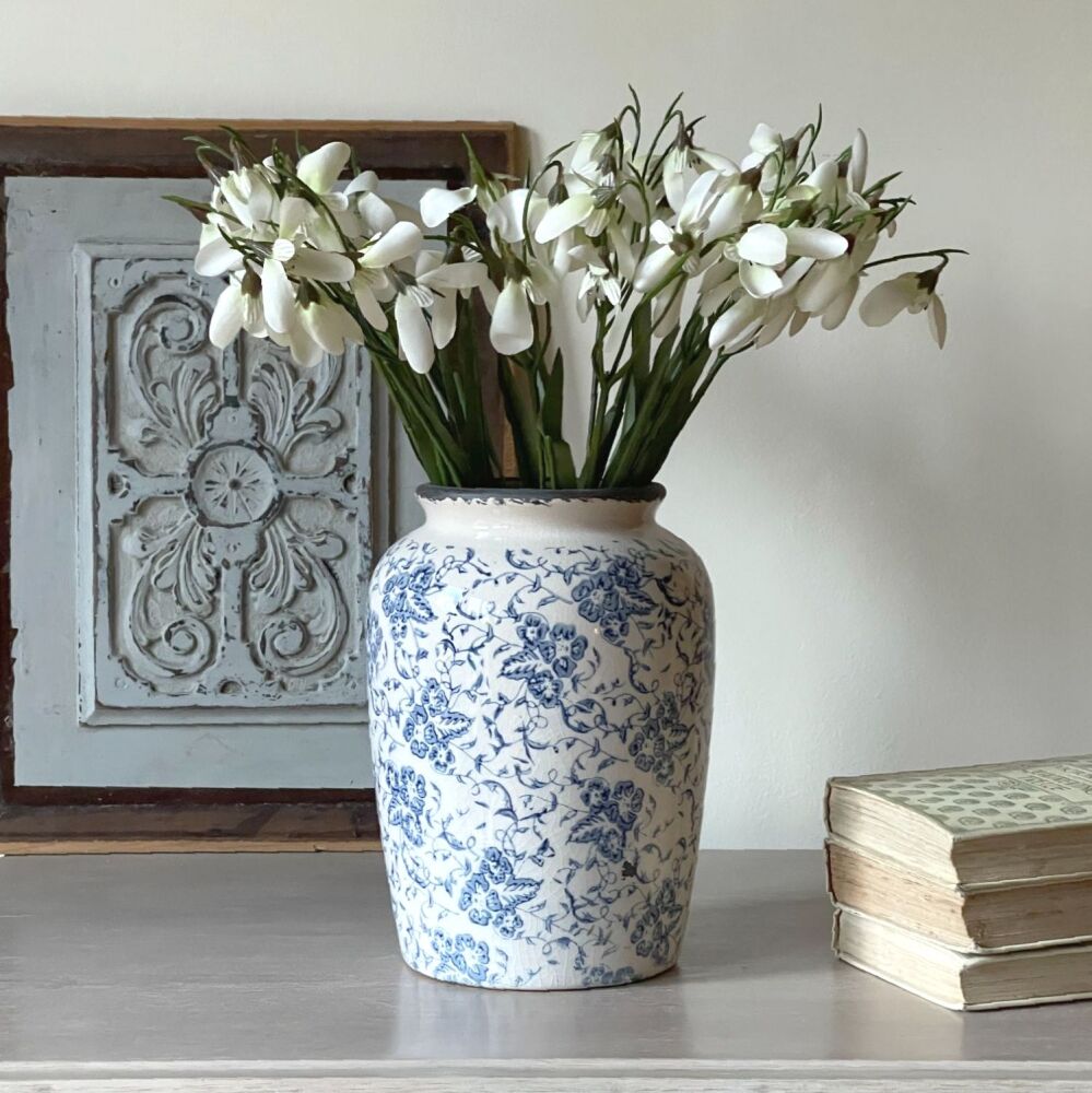 Blue & White Rustic Ceramic Wide Rim Vase - 20 cm H