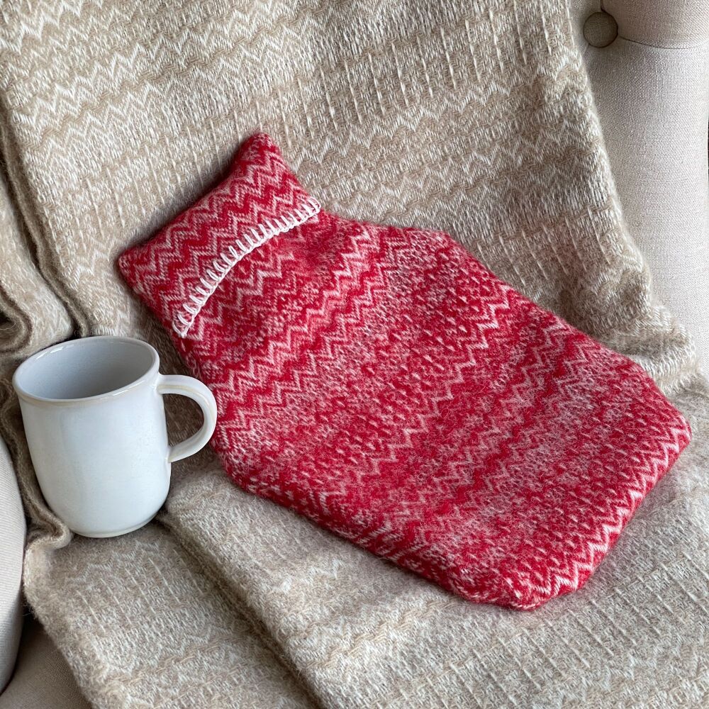 Hot Water Bottle with Wool Cover - Fair Isle Winter Red