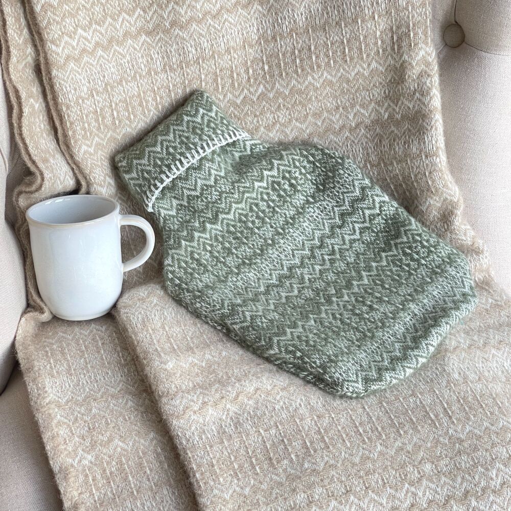 Hot Water Bottle with Wool Cover - Fair Isle Olive Green