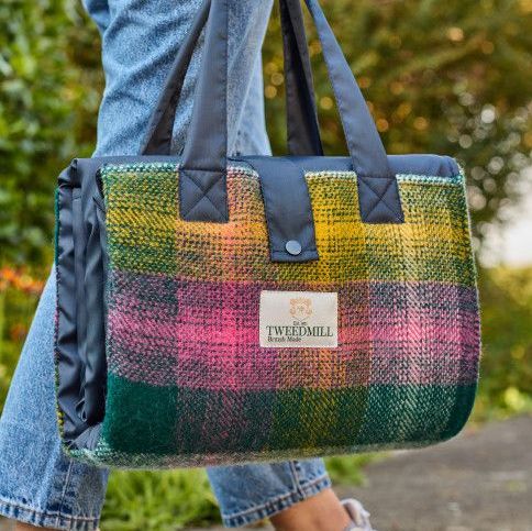 WATERPROOF Backed Wool Festival Picnic Rug - Wildflower Check/Navy