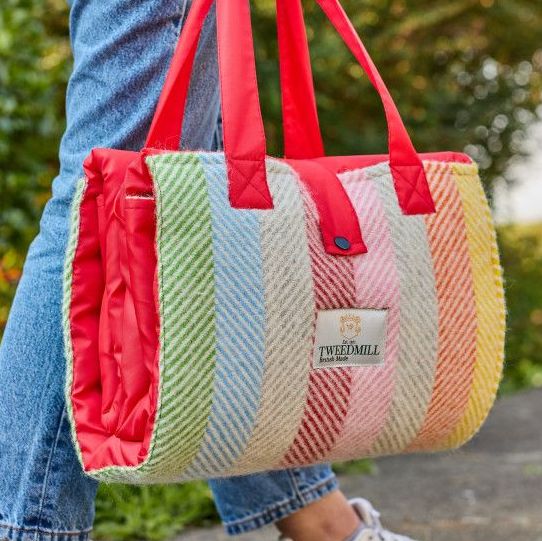 WATERPROOF Backed Wool Festival Picnic Rug - Rainbow Stripe/Red