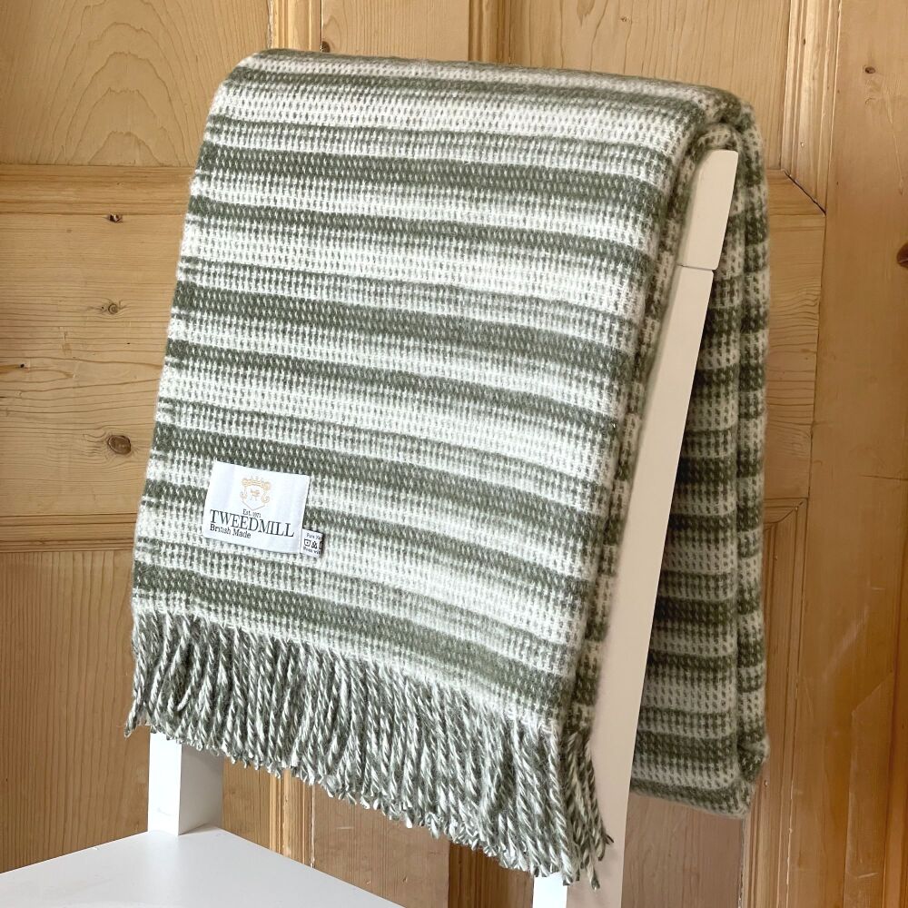 Tweedmill Aber Stripe Pure New Wool Throw Blanket - Olive Green
