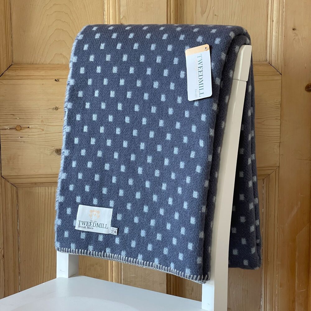 Tweedmill Blanket Stitch Blue Slate with Duck Egg Dots Pure New Wool Throw 