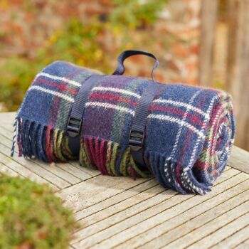 WATERPROOF Backed Wool Picnic Rug / Blanket in Country Morello Check with Practical Carry Strap