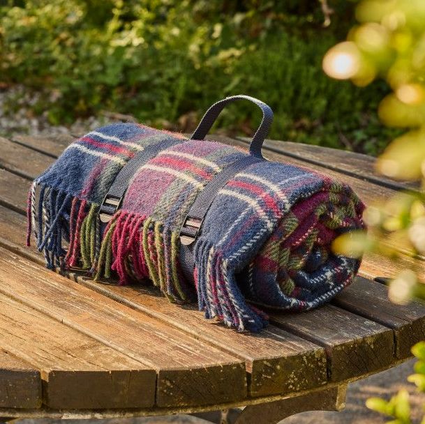 WATERPROOF Backed Wool Picnic Rug / Blanket in Country Morello Check with Leather Carry Strap