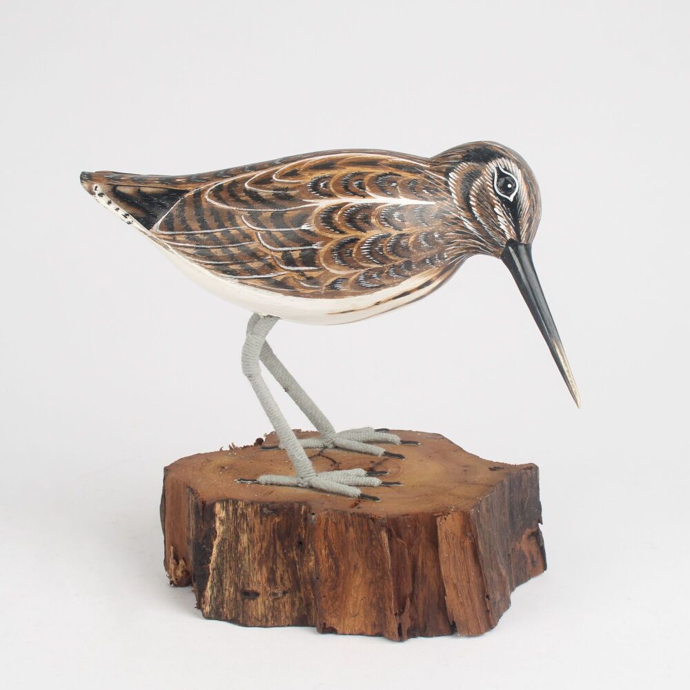 Archipelago Jack Snipe on Aged Natural Wooden Base, Bird Wood Carving