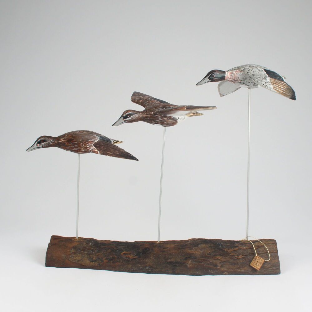 Archipelago 'Teal Block' Three Teal Ducks in Flight Wood Carving