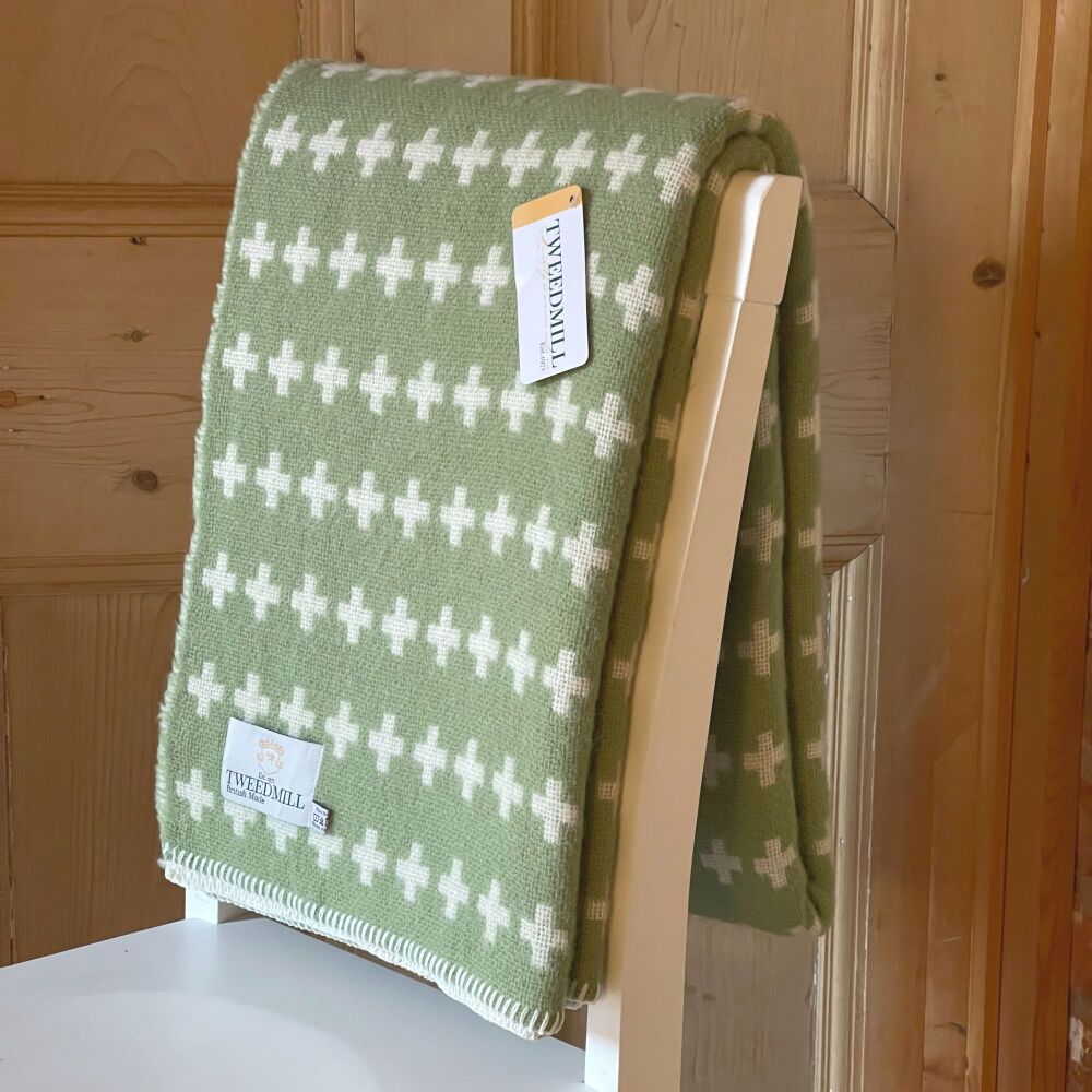 Tweedmill Blanket Stitch Fern Green & Cream Cross Pure New Wool Throw Blank