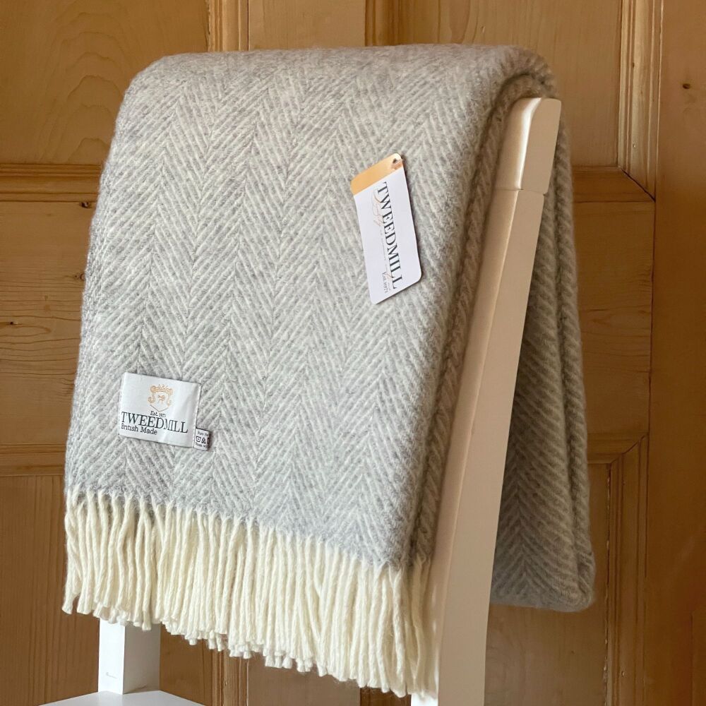 Tweedmill Silver Grey Herringbone Pure New Wool Throw Blanket