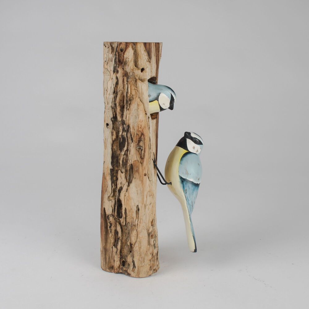 Archipelago Blue Tit Bird with Chick Wood Carving