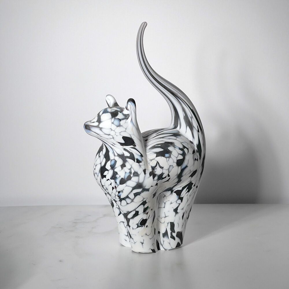 Glass Cat Sculpture Frosted White with a little Black Medium - Handmade