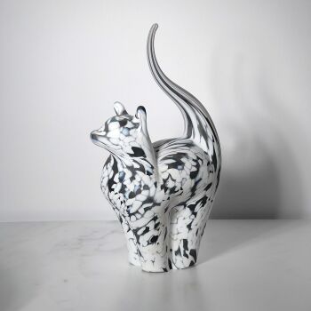 Glass Cat Sculpture Frosted White with a little Black Medium - Handmade