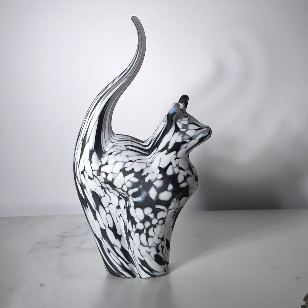 Glass Cat Sculpture Frosted White with some Black Medium - Handmade