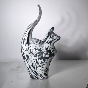 Glass Cat Sculpture Frosted White with some Black Medium - Handmade