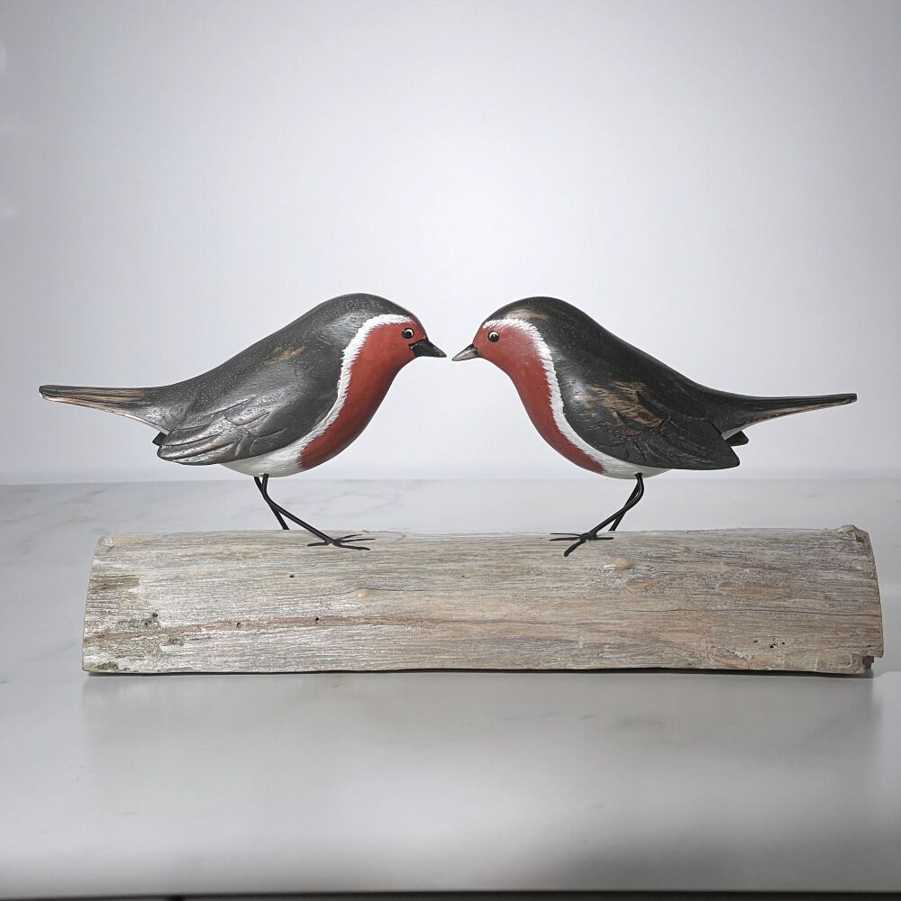 Archipelago Double Robin Block Garden Bird Wood Carving