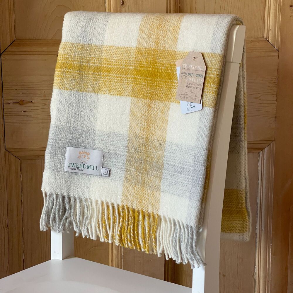 Tweedmill Meadow Check Yellow Knee Rug or Small Blanket Pure New Wool