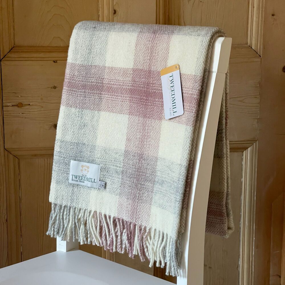 Tweedmill Meadow Check Dusky Pink Knee Rug or Small Blanket Pure New Wool