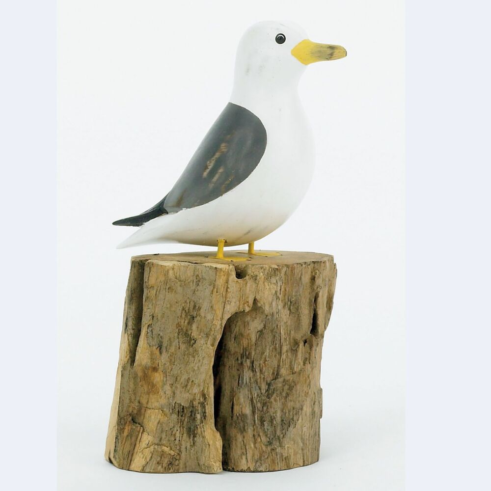 Archipelago Seagull on Tree Stump - Small Common Gull Bird Wood Carving