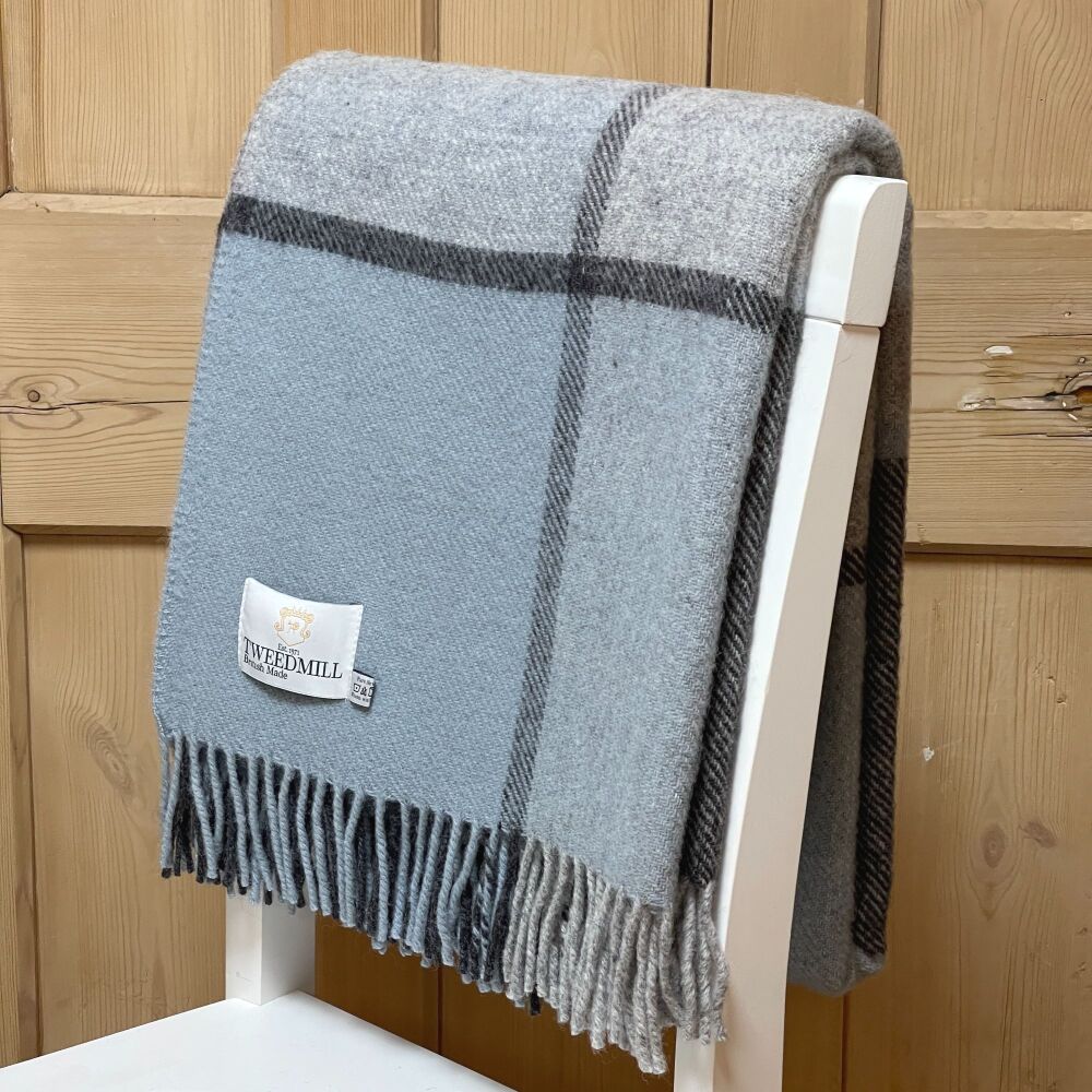 Tweedmill Multi Check Duck Egg Blue & Charcoal Pure New Wool Throw Blanket