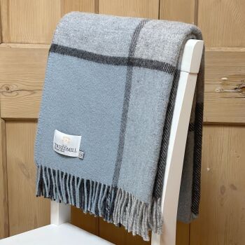 Tweedmill Multi Check Duck Egg Blue & Charcoal Pure New Wool Throw Blanket