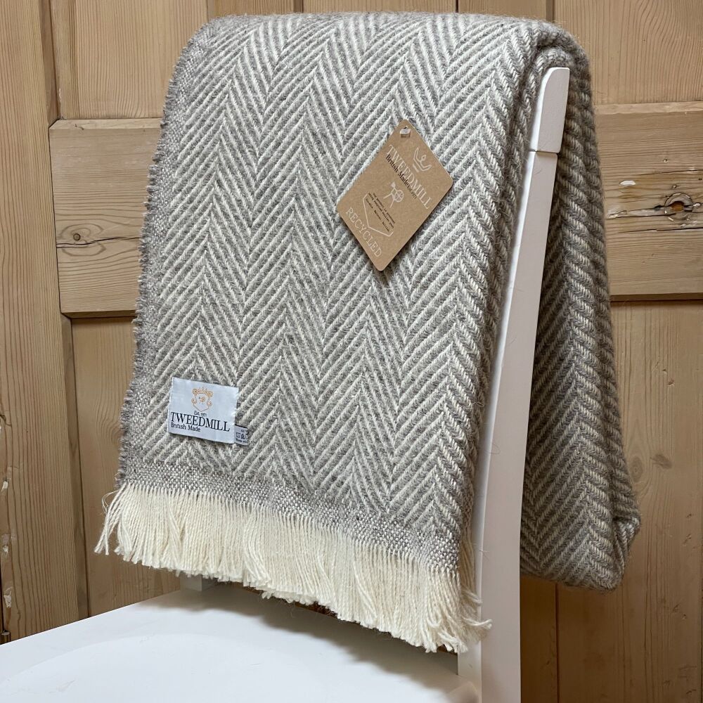 Tweedmill Recycled Herringbone Heavyweight LARGE Throw / Blanket  - Grey