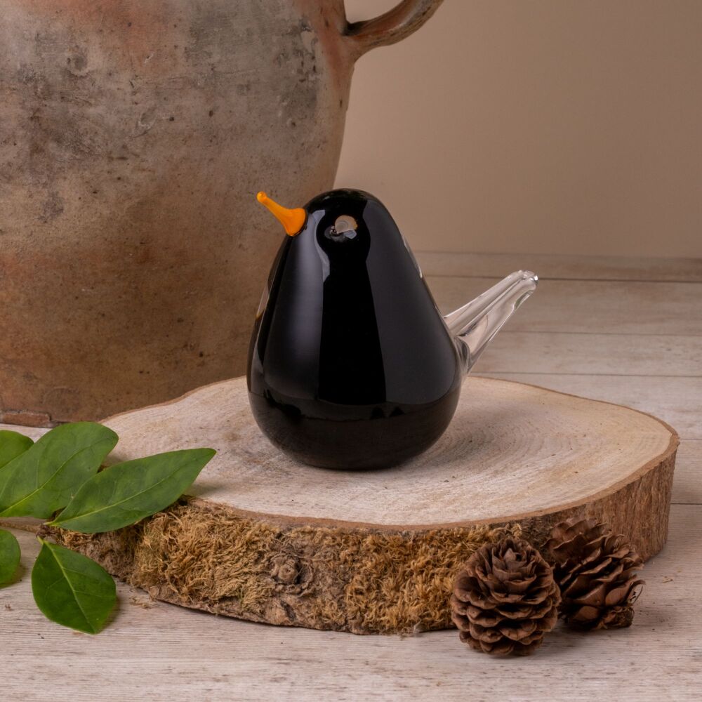 Glass Blackbird Bird Sculpture / Paperweight - Handmade