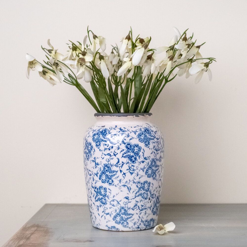 Blue & White Rustic Ceramic Wide Rim Vase - 20 cm H