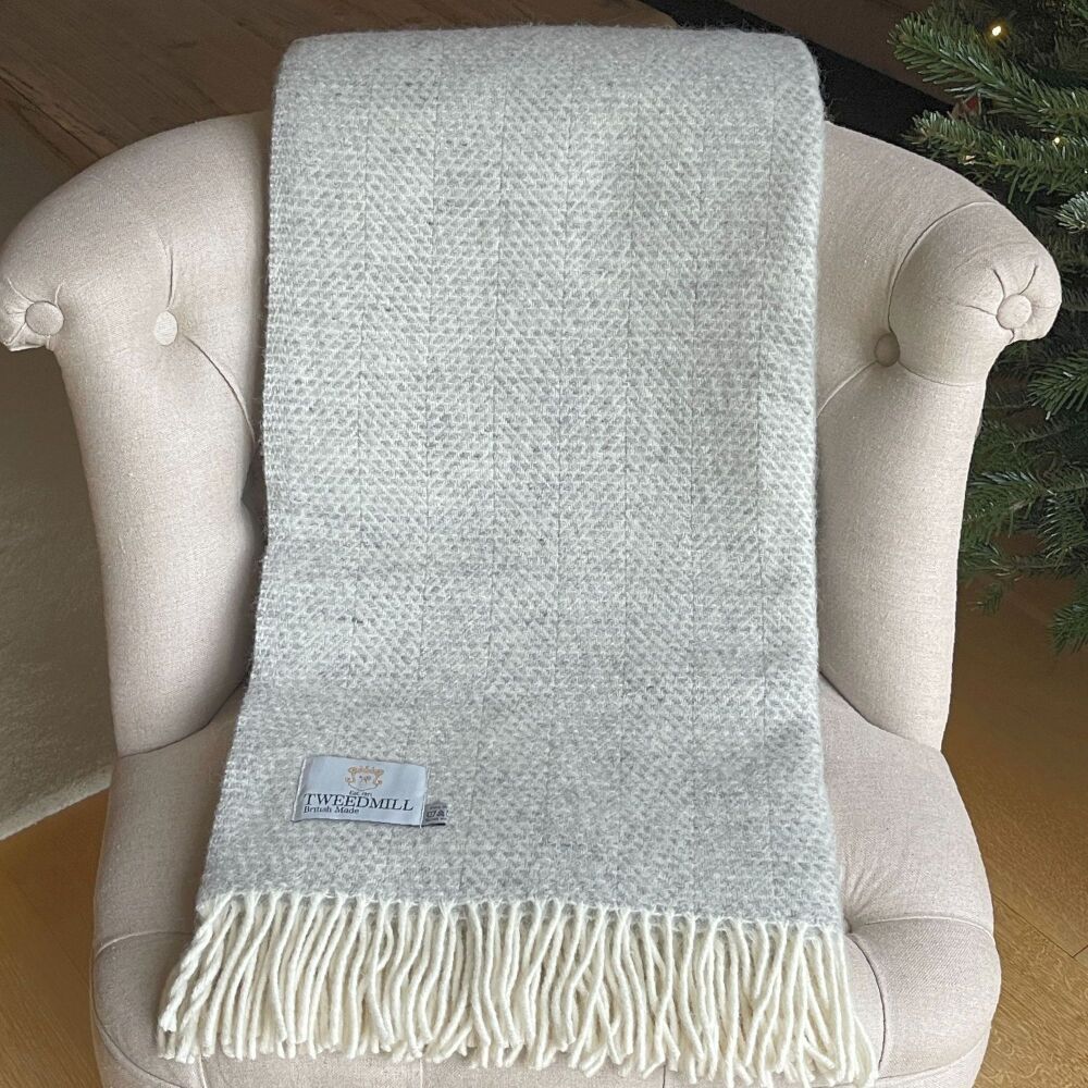 Tweedmill Silver Grey & Cream Honeycomb Weave Pure New Wool Throw Blanket