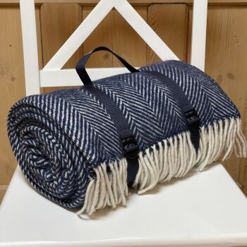 WATERPROOF Backed Wool Picnic Rug in Herringbone Navy Blue with Practical Carry Strap