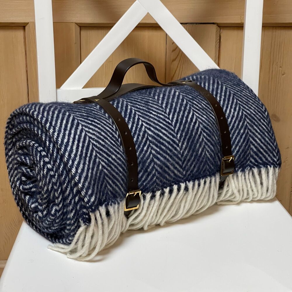 WATERPROOF Backed Wool Picnic Rug in Herringbone Navy Blue with Leather Car