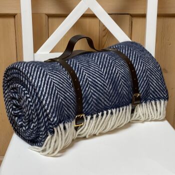 WATERPROOF Backed Wool Picnic Rug in Herringbone Navy Blue with Leather Carry Strap
