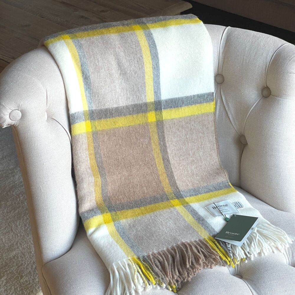 BRONTE by Moon Beige, Cream & Gold Check Throw in Supersoft Merino Lambswoo