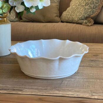 Wavy Edge Large Fine Stoneware Serving Bowl in Beige & White - 30 cm