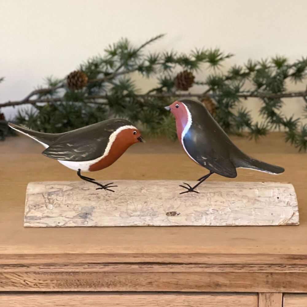 Archipelago Double Robin Block Garden Bird Wood Carving