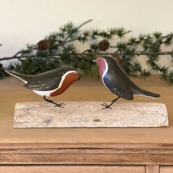 Archipelago Double Robin Block Garden Bird Wood Carving