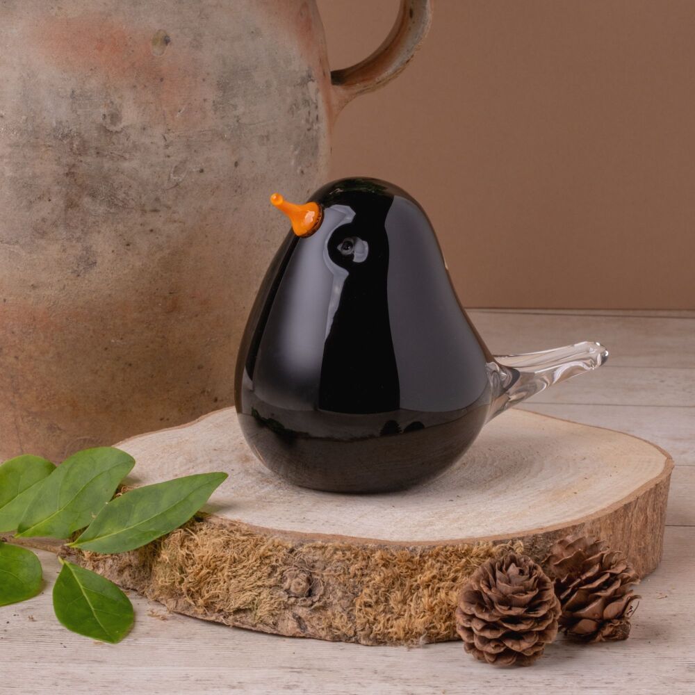 Glass Blackbird Bird Sculpture / Paperweight Large - Handmade