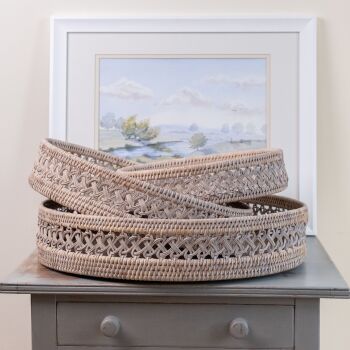 Rattan Wicker Artisan Decorative Woven Round Tray - Natural Whitewash