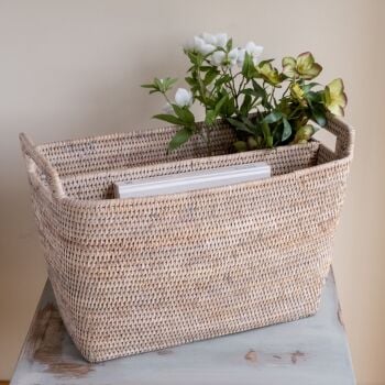 Rattan Wicker Artisan Magazine Holder / Storage Basket 2 Slots - Natural Whitewash