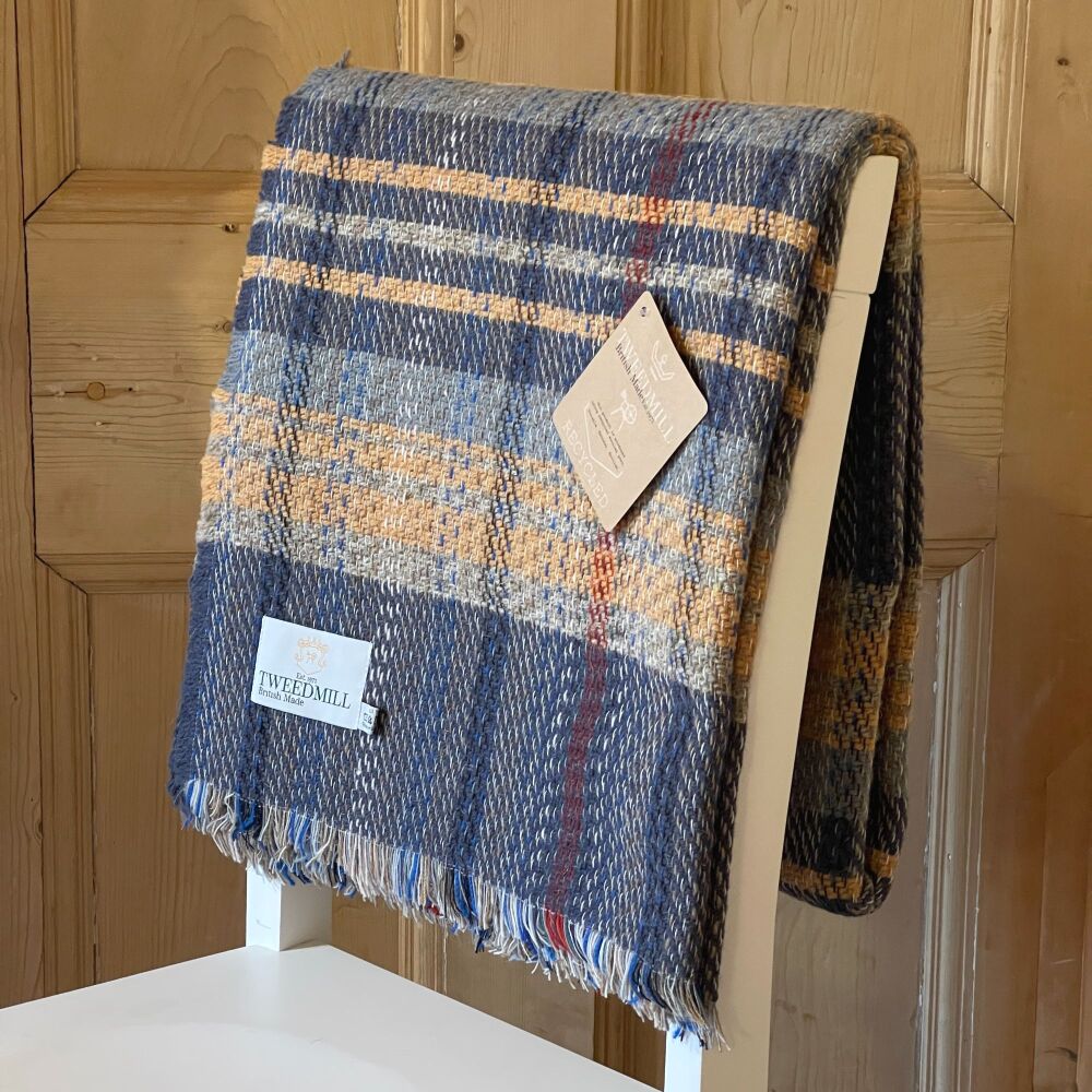 Wool Recycled LARGE Throw / Blanket / Picnic Rug - Navy, Ochre Mix - 100% w