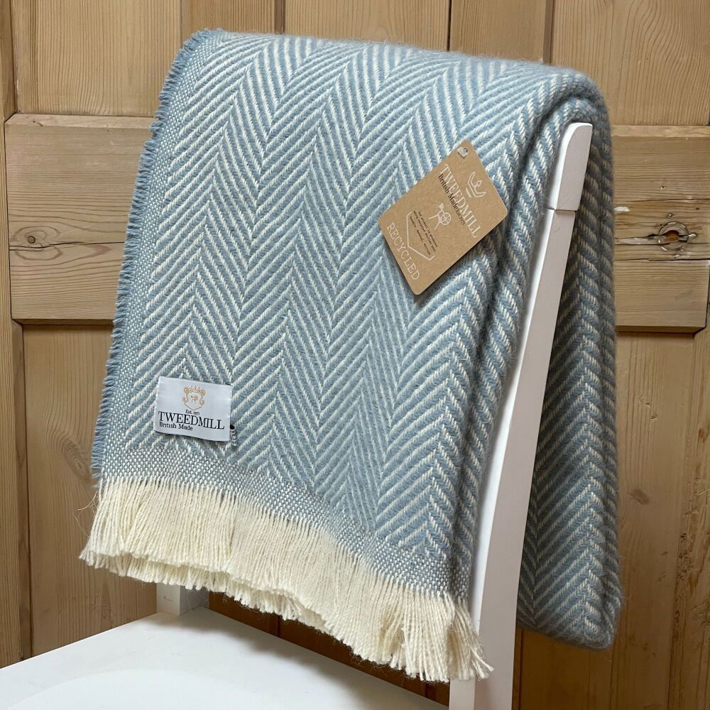 Tweedmill Recycled Herringbone Heavyweight LARGE Throw / Blanket  - Aqua Bl