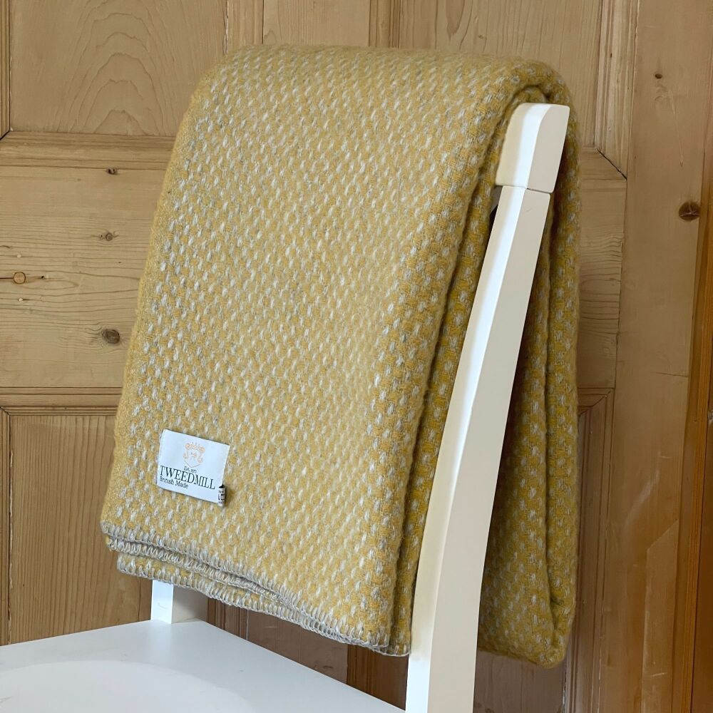 Tweedmill Blanket Stitch Mustard & Silver Grey Pure New Wool Throw Blanket 