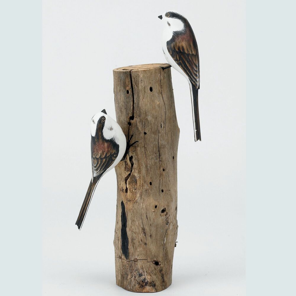 Archipelago Longtailed Tit, Pair of Birds Wood Carving
