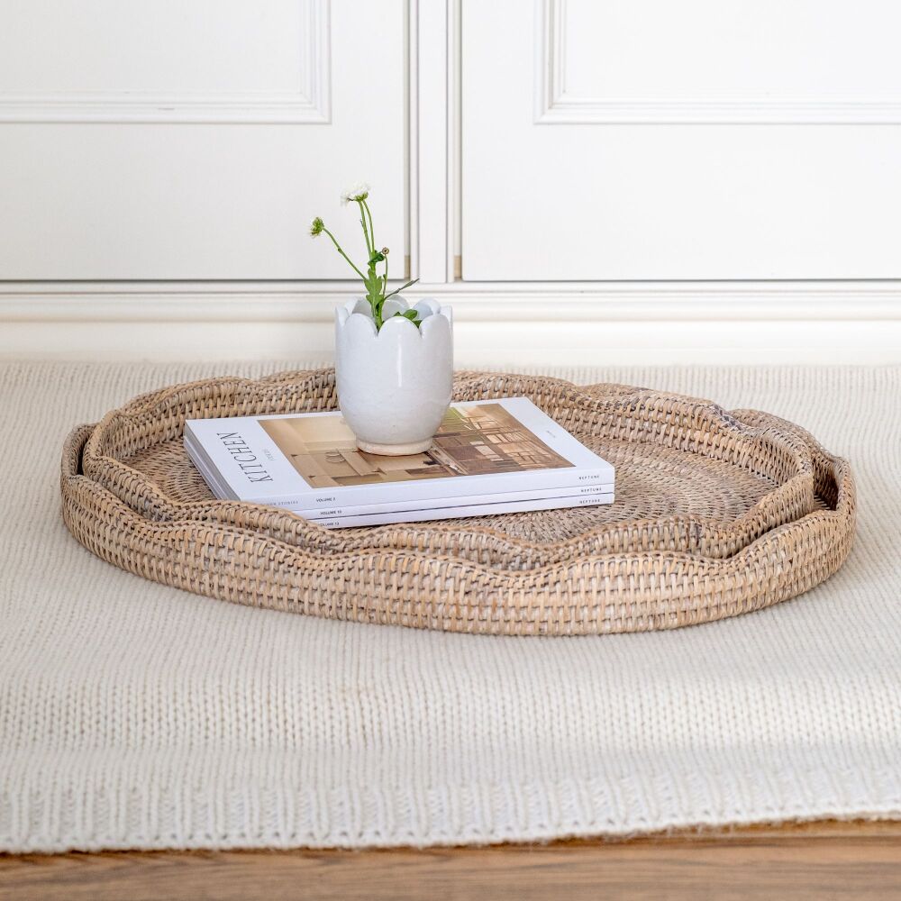 Rattan Wicker Artisan Oval Scalloped Low Tray - Natural Whitewash