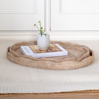 Rattan Wicker Artisan Oval Scalloped Low Tray - Natural Whitewash
