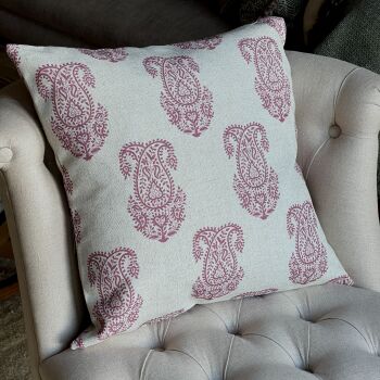Linen mix Block Print Cushion - Vintage White & Pink