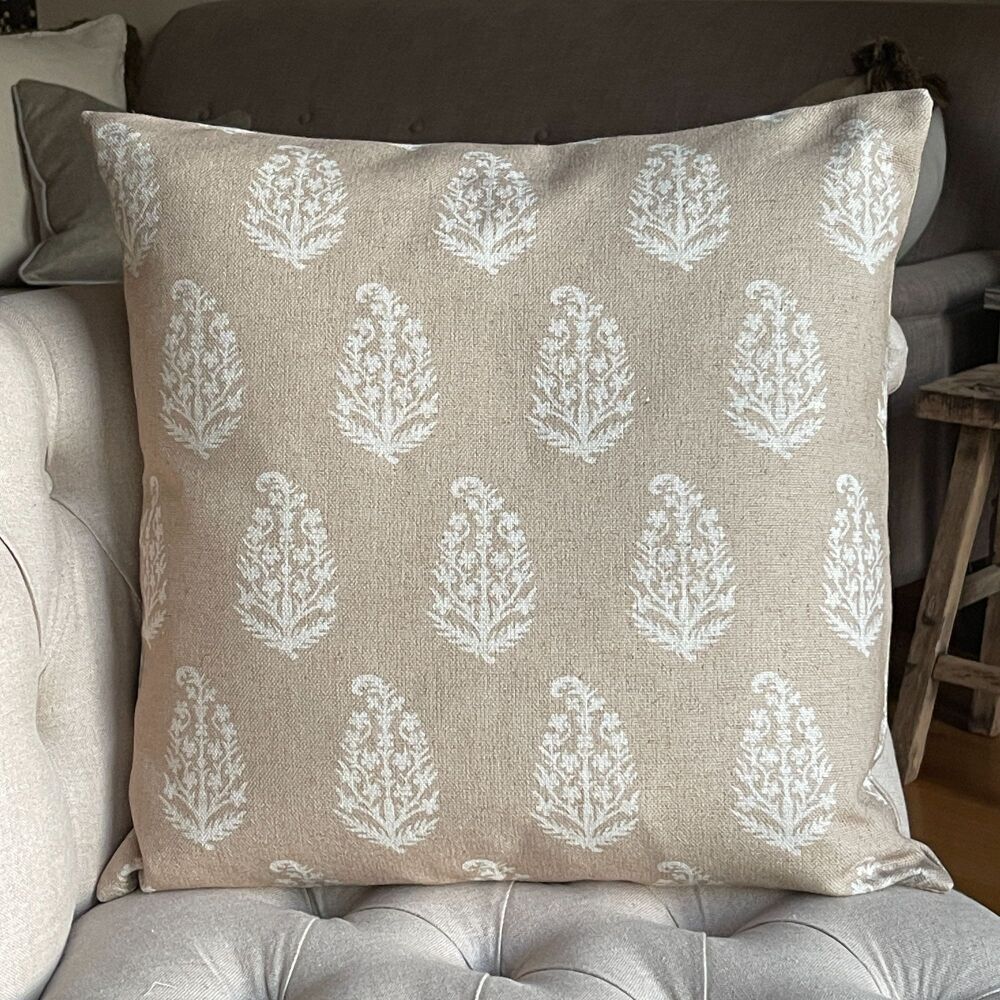 Linen mix Block Print Cushion - Warm Beige & Vintage White