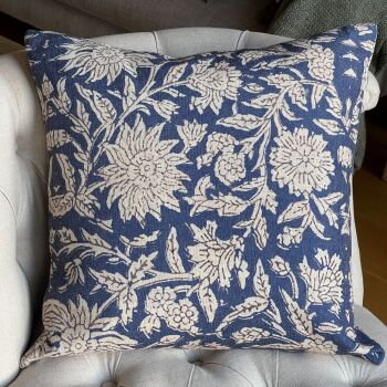 Linen mix Flower Foliage Cushion - Navy Blue & Beige