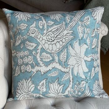 Linen mix Bird In Foliage Cushion - Seafoam Blue & Vintage White